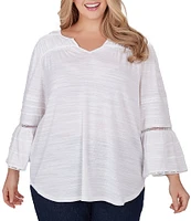 Ruby Rd. Plus Size Split V-Neck 3/4 Sleeve Inset Trim Detail Knit Top