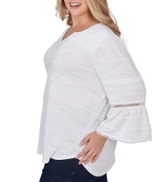 Ruby Rd. Plus Size Split V-Neck 3/4 Sleeve Inset Trim Detail Knit Top