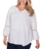 Ruby Rd. Plus Size Split V-Neck 3/4 Sleeve Inset Trim Detail Knit Top