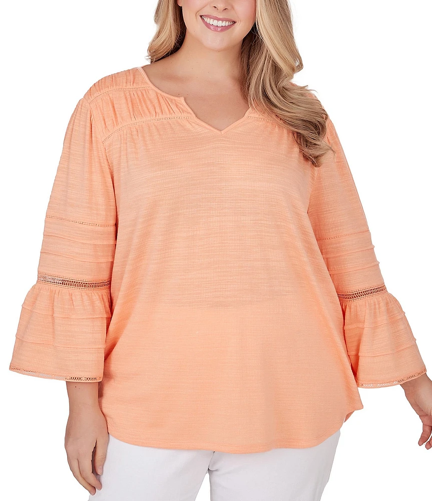 Ruby Rd. Plus Size Split V-Neck 3/4 Sleeve Inset Trim Detail Knit Top