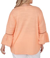 Ruby Rd. Plus Size Split V-Neck 3/4 Sleeve Inset Trim Detail Knit Top