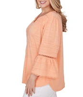 Ruby Rd. Plus Size Split V-Neck 3/4 Sleeve Inset Trim Detail Knit Top