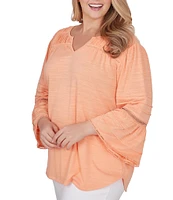 Ruby Rd. Plus Size Split V-Neck 3/4 Sleeve Inset Trim Detail Knit Top