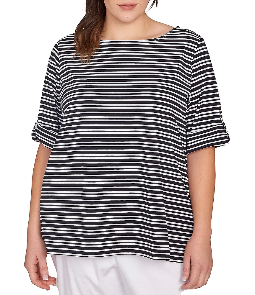 Ruby Rd. Plus Size Knit Stripe Boat Neck Short Roll-Tab Sleeve Top