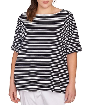 Ruby Rd. Plus Size Knit Stripe Boat Neck Short Roll-Tab Sleeve Top