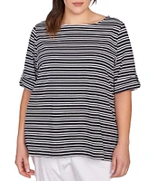 Ruby Rd. Plus Size Knit Stripe Boat Neck Short Roll-Tab Sleeve Top