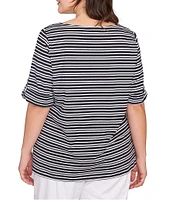 Ruby Rd. Plus Size Knit Stripe Boat Neck Short Roll-Tab Sleeve Top