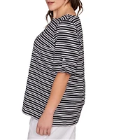 Ruby Rd. Plus Size Knit Stripe Boat Neck Short Roll-Tab Sleeve Top
