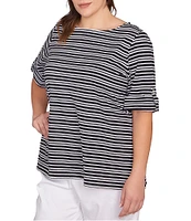 Ruby Rd. Plus Size Knit Stripe Boat Neck Short Roll-Tab Sleeve Top