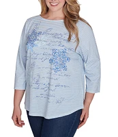 Ruby Rd. Plus Size Knit Stripe Overlay Snowflakes Graphic Print Boat Neck 3/4 Sleeve Top