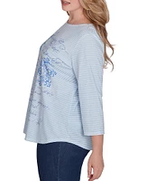 Ruby Rd. Plus Size Knit Stripe Overlay Snowflakes Graphic Print Boat Neck 3/4 Sleeve Top