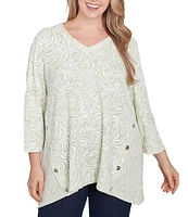 Ruby Rd. Plus Size Knit Swirl Jacquard V-Neck 3/4 Sleeve Top