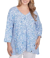 Ruby Rd. Plus Size Knit Swirl Jacquard V-Neck 3/4 Sleeve Top