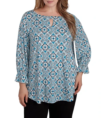 Ruby Rd. Plus Size Knit Tiles Print Keyhole Neck 3/4 Sleeve Top