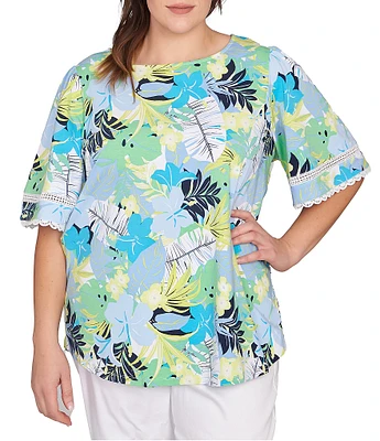 Ruby Rd. Plus Size Knit Tropical Print Scoop Neck Short Sleeve Tee