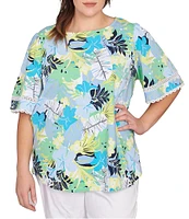 Ruby Rd. Plus Size Knit Tropical Print Scoop Neck Short Sleeve Tee