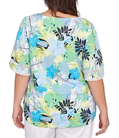 Ruby Rd. Plus Size Knit Tropical Print Scoop Neck Short Sleeve Tee