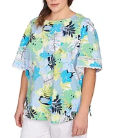 Ruby Rd. Plus Size Knit Tropical Print Scoop Neck Short Sleeve Tee