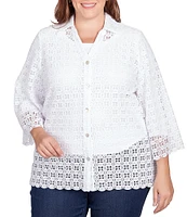 Ruby Rd. Plus Size Lace Point Collar 3/4 Sleeve Scallop Edge Button-Front Blouse