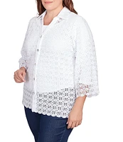 Ruby Rd. Plus Size Lace Point Collar 3/4 Sleeve Scallop Edge Button-Front Blouse