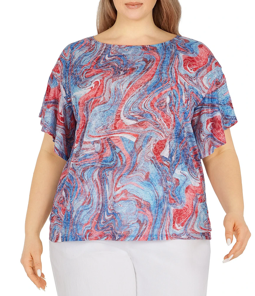 Ruby Rd. Plus Size Marbled Abstract Print Round Neck Short Dolman Flutter Sleeve Top