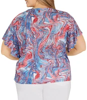 Ruby Rd. Plus Size Marbled Abstract Print Round Neck Short Dolman Flutter Sleeve Top