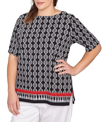 Ruby Rd. Plus Size Medallion Border Print Boat Neck Elbow Sleeve Top