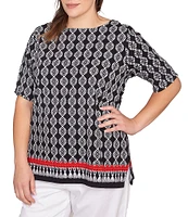 Ruby Rd. Plus Size Medallion Border Print Boat Neck Elbow Sleeve Top
