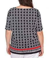Ruby Rd. Plus Size Medallion Border Print Boat Neck Elbow Sleeve Top