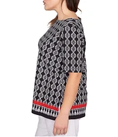 Ruby Rd. Plus Size Medallion Border Print Boat Neck Elbow Sleeve Top