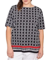 Ruby Rd. Plus Size Medallion Border Print Boat Neck Elbow Sleeve Top