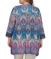 Ruby Rd. Plus Size Medallion Print Mesh Lace Trim 3/4 Sleeve Open-Front Cardigan