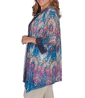 Ruby Rd. Plus Size Medallion Print Mesh Lace Trim 3/4 Sleeve Open-Front Cardigan