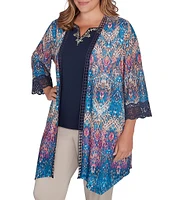 Ruby Rd. Plus Size Medallion Print Mesh Lace Trim 3/4 Sleeve Open-Front Cardigan