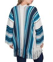 Ruby Rd. Plus Size Metallic Striped Long Sleeve Fringed Hem Open Front Car Sweater