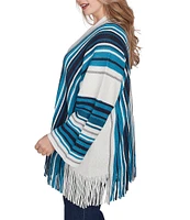 Ruby Rd. Plus Size Metallic Striped Long Sleeve Fringed Hem Open Front Car Sweater