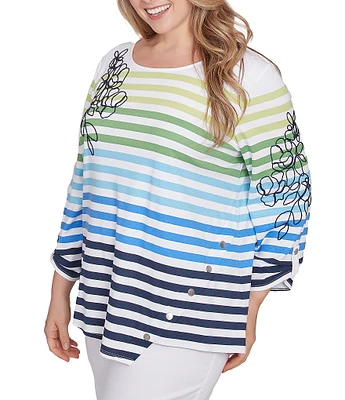 Ruby Rd. Plus Size Mixed Color Stripe Soft Knit Floral Embroidered Detail Scoop Neck 3/4 Sleeve Top