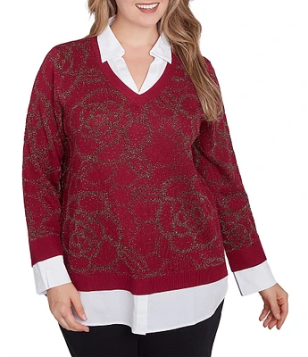 Ruby Rd. Plus Size Mixed Media Metallic Floral Jacquard Collared Long Sleeve Pullover Layered Sweater