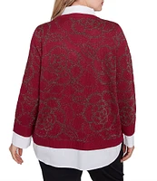 Ruby Rd. Plus Size Mixed Media Metallic Floral Jacquard Collared Long Sleeve Pullover Layered Sweater