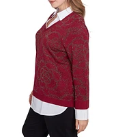 Ruby Rd. Plus Size Mixed Media Metallic Floral Jacquard Collared Long Sleeve Pullover Layered Sweater