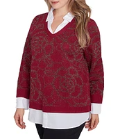 Ruby Rd. Plus Size Mixed Media Metallic Floral Jacquard Collared Long Sleeve Pullover Layered Sweater