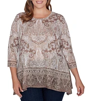 Ruby Rd. Plus Size Paisley Border Print Crew Neck 3/4 Sleeve Knit Embellished Bohemian Top