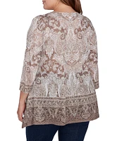 Ruby Rd. Plus Size Paisley Border Print Crew Neck 3/4 Sleeve Knit Embellished Bohemian Top