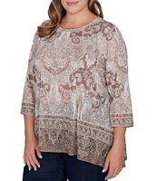 Ruby Rd. Plus Size Paisley Border Print Crew Neck 3/4 Sleeve Knit Embellished Bohemian Top