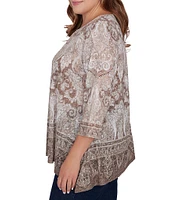 Ruby Rd. Plus Size Paisley Border Print Crew Neck 3/4 Sleeve Knit Embellished Bohemian Top