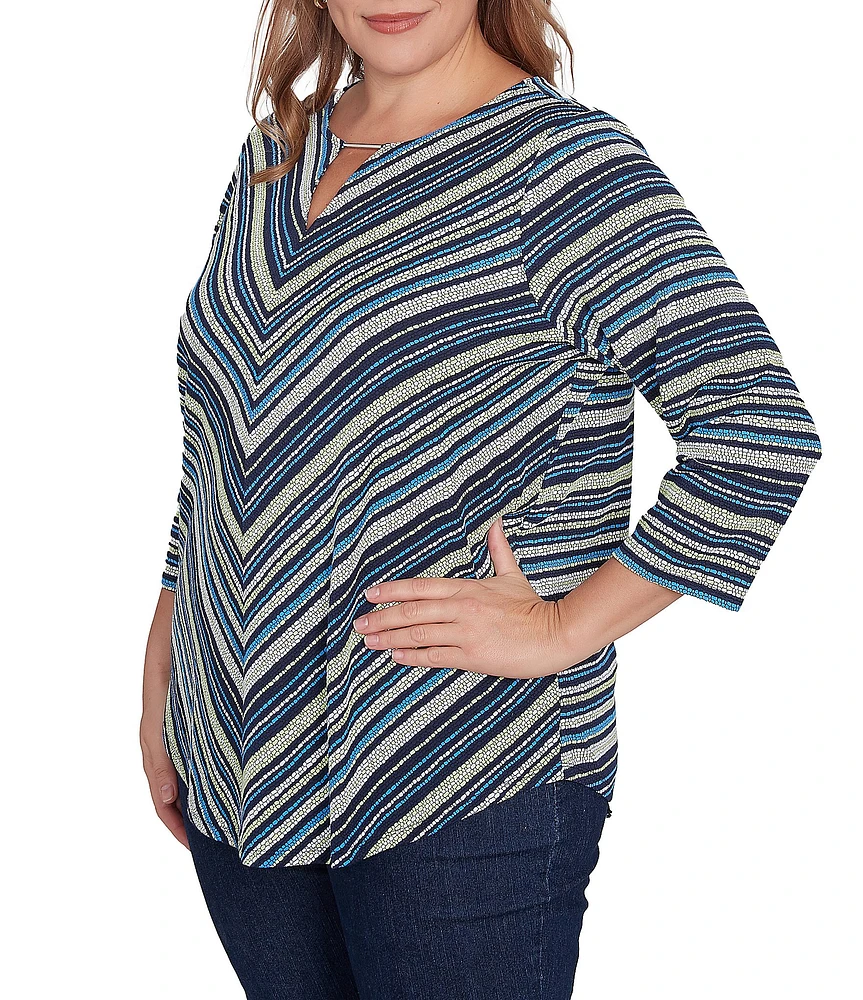 Ruby Rd. Plus Size Pebble Stripe Keyhole Neck 3/4 Sleeve Top