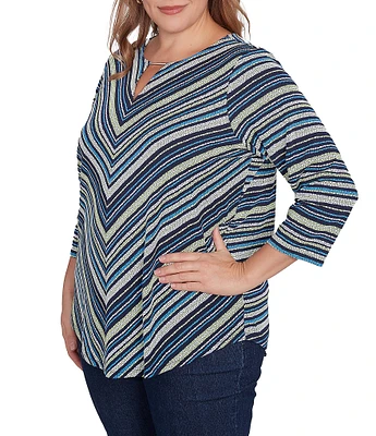 Ruby Rd. Plus Size Pebble Stripe Keyhole Neck 3/4 Sleeve Top