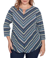 Ruby Rd. Plus Size Pebble Stripe Keyhole Neck 3/4 Sleeve Top