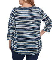 Ruby Rd. Plus Size Pebble Stripe Keyhole Neck 3/4 Sleeve Top