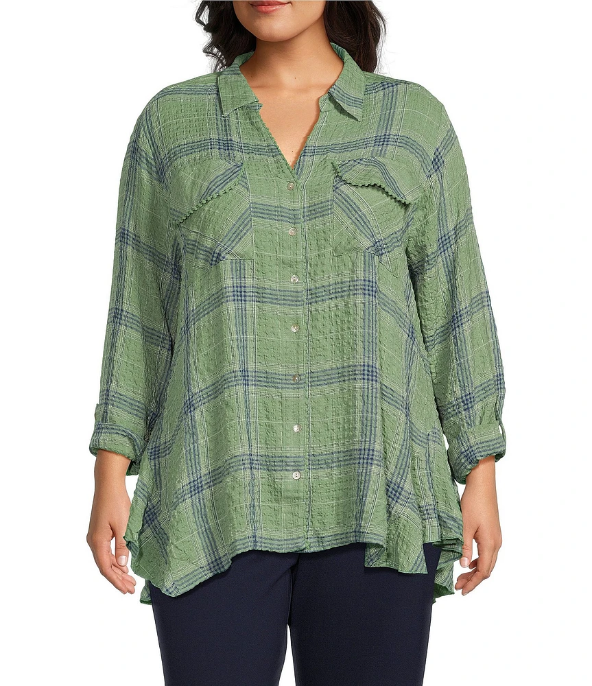 Ruby Rd. Plus Size Plaid Print Woven Point Collar Long Roll-Tab Sleeve Button Front Shirt